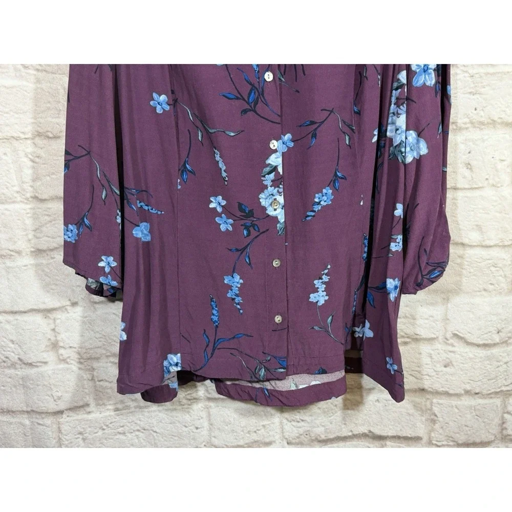 J‎ Jill Blouse Top 1X Purple Floral Rayon Button Up 3/4 Sleeve Back Tie